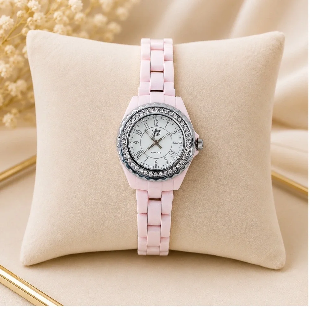 Michael Ross Hey Y'all Womens Bracelet Watch Pale Pink Resin Band Crystal Bezel